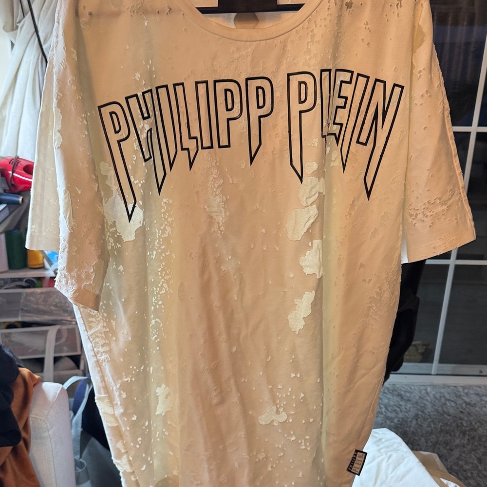 Philipp Plein Beige Short-Sleeve Logo Tee with Distressed Detail